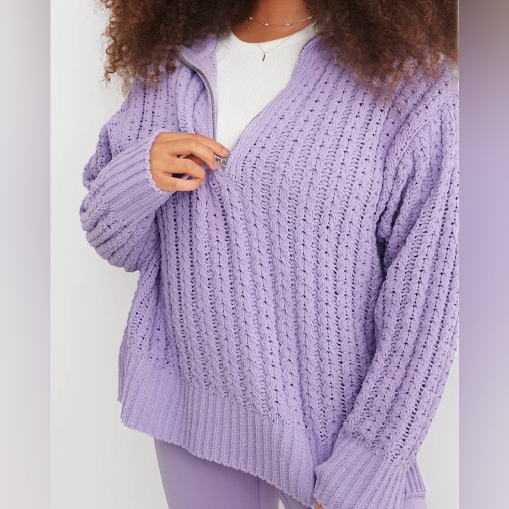 Lavender Open-Knit Half-Zip Sweater